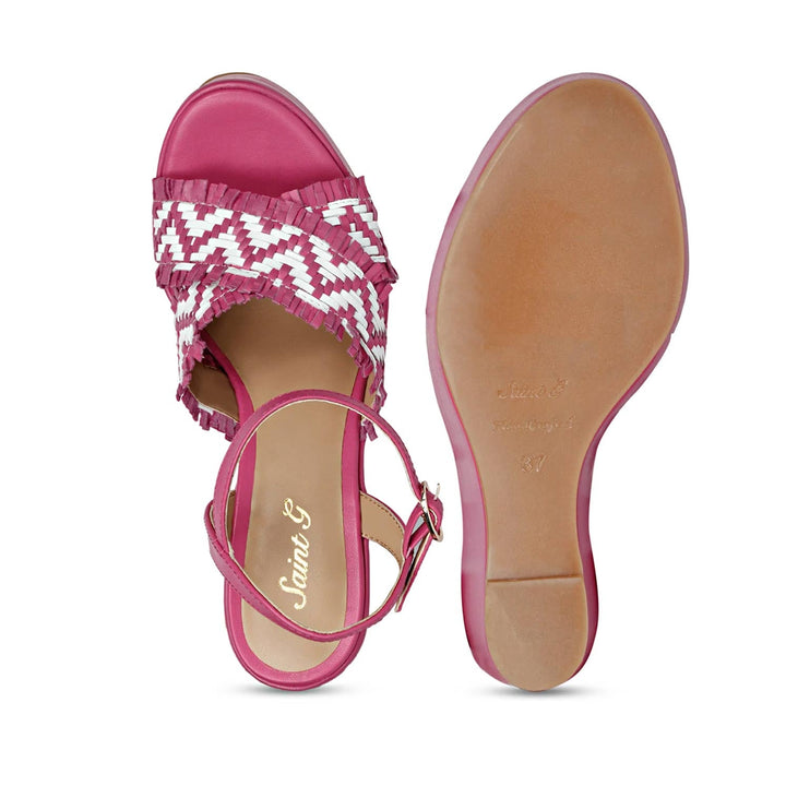 Saint Glenda Hand Woven Hot Pink Leather Wedge Heels