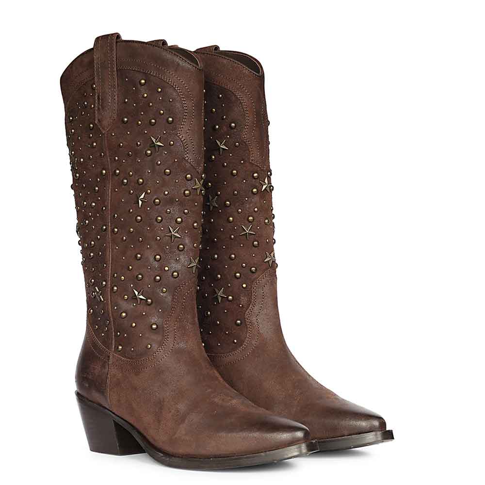 Saint Maeve Studded Brown Leather Cowboy Boots