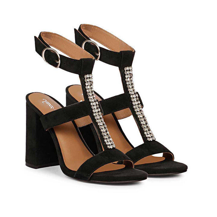 Saint Silvia Stone Embellished Black Suede Leather Block Heels