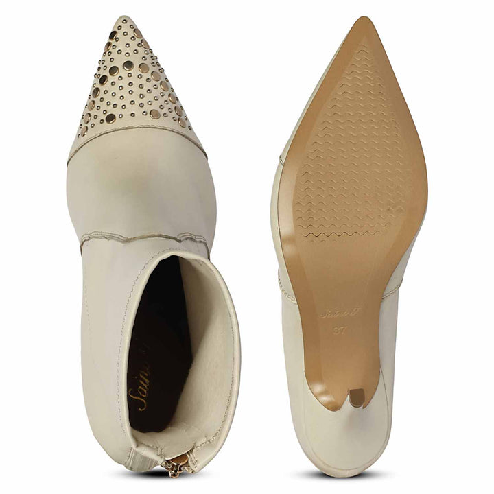 Saint Estrella Studded Stretch Beige Napa Stiletto Ankle Boots