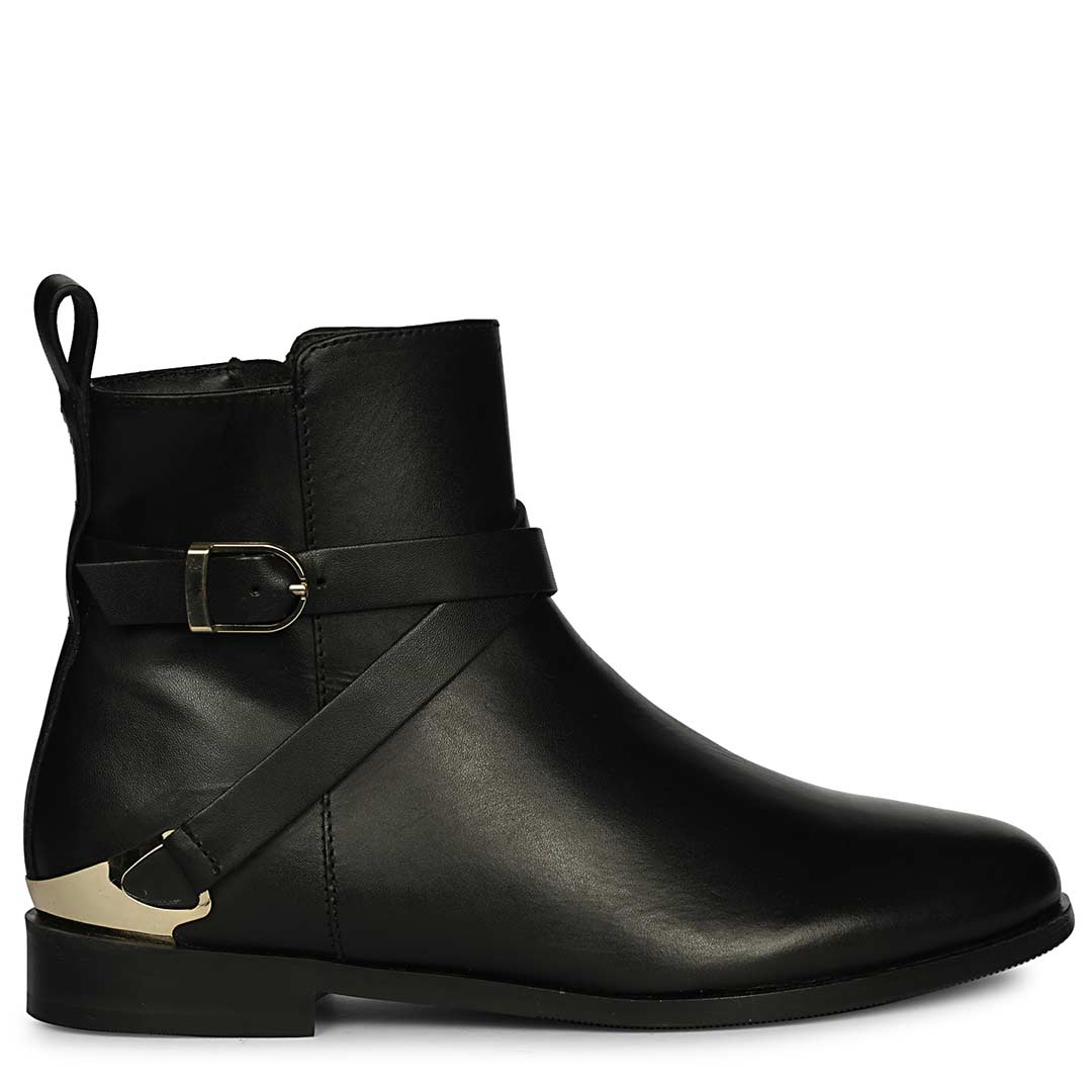 Saint Cathie Buckle Decor Black Leather Ankle Boots