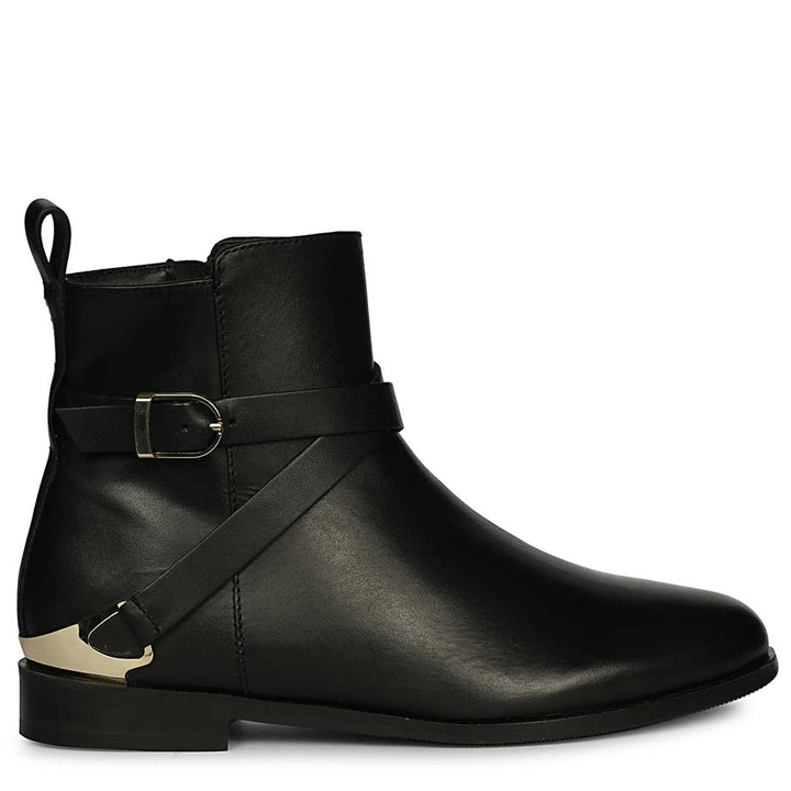 Saint Cathie Buckle Decor Black Leather Ankle Boots