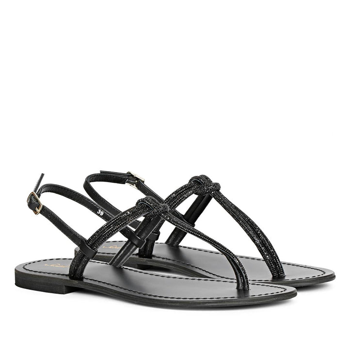 Saint Elsie Crystal Cord Black Leather Flat Sandals