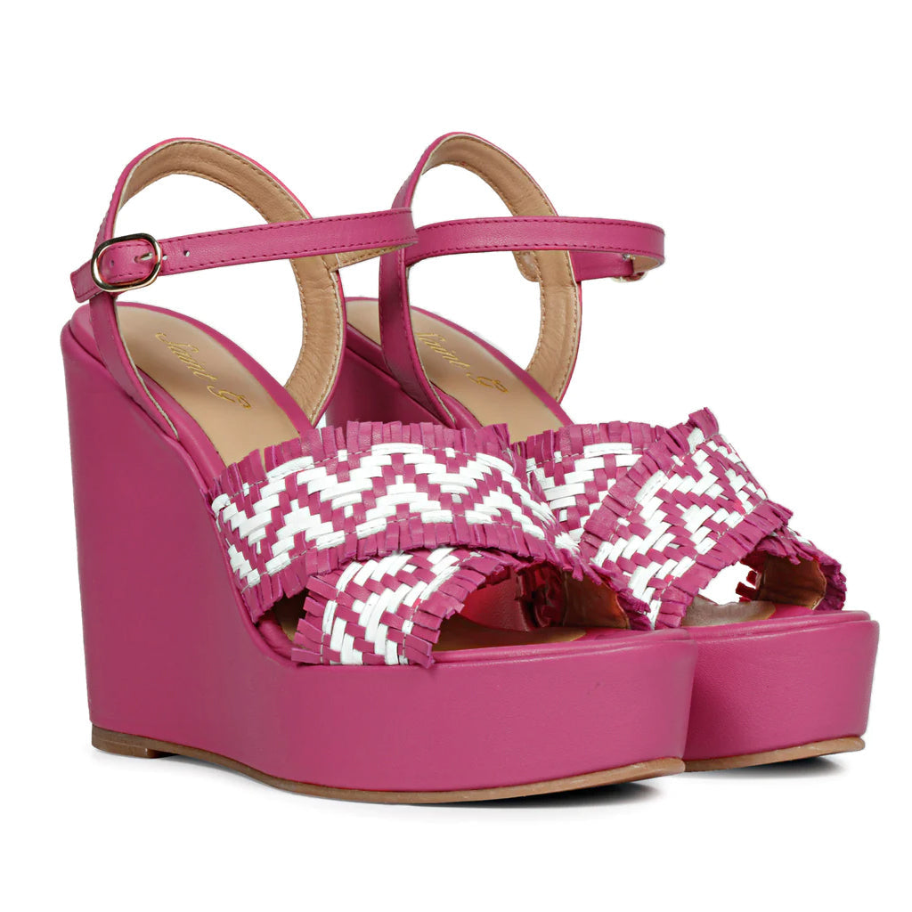 Saint Glenda Hand Woven Hot Pink Leather Wedge Heels