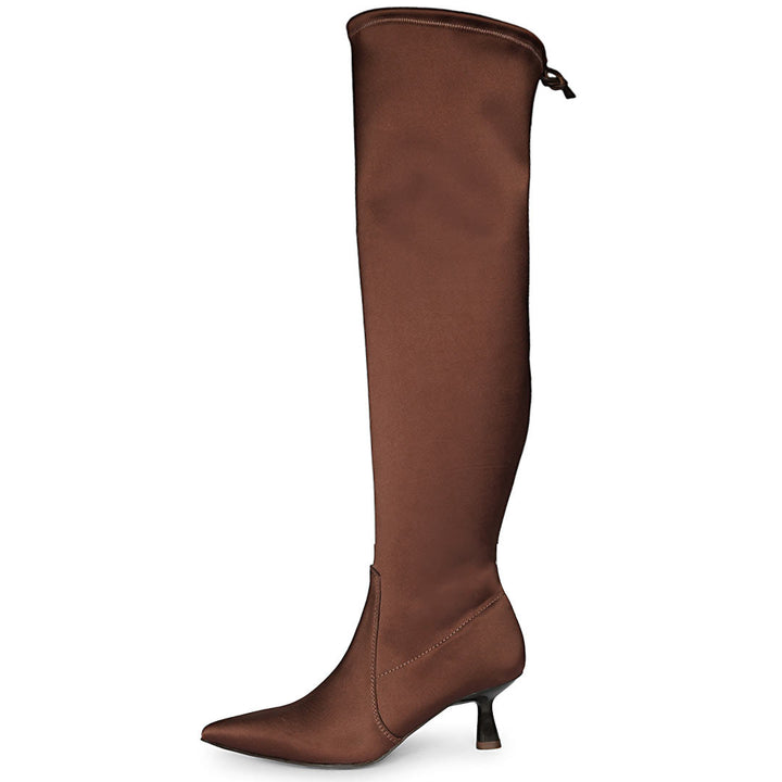 Saint Primrose Brown Stretch Satin Above The Knee Boots