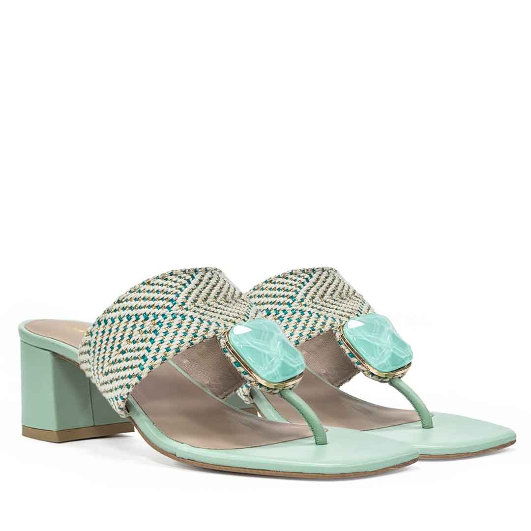 Saint Stevie Stone Jeweled Turquoise Raffia Block Heels