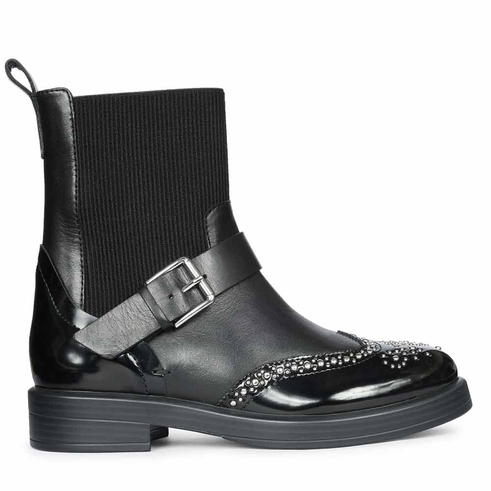 Saint Adeen Studded Buckle Decor Black Leather Ankle Boots