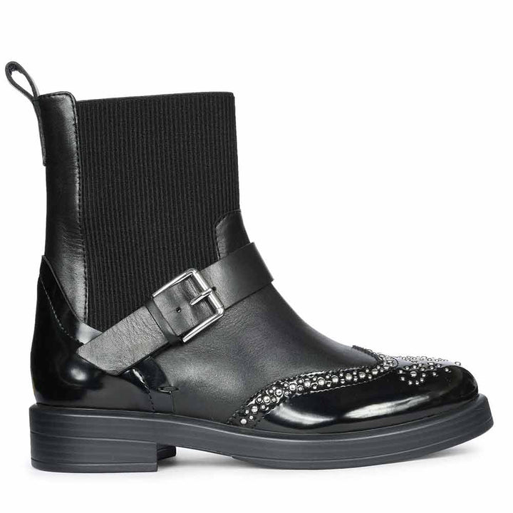 Saint Adeen Studded Buckle Decor Black Leather Ankle Boots