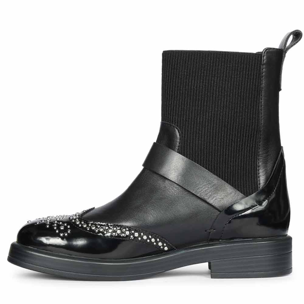 Saint Adeen Studded Buckle Decor Black Leather Ankle Boots