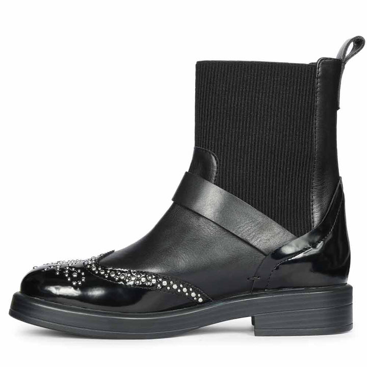 Saint Adeen Studded Buckle Decor Black Leather Ankle Boots