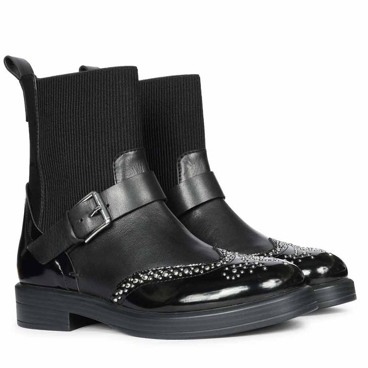 Saint Adeen Studded Buckle Decor Black Leather Ankle Boots