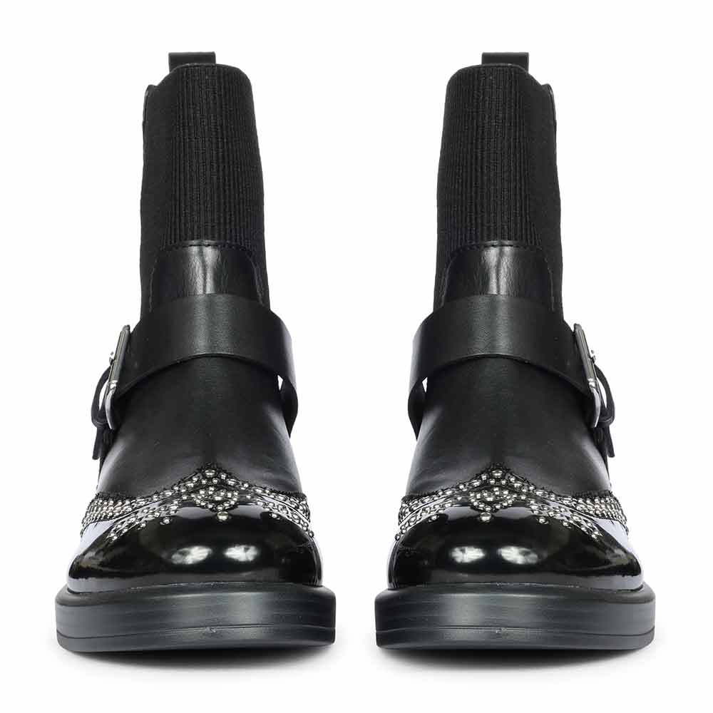 Saint Adeen Studded Buckle Decor Black Leather Ankle Boots