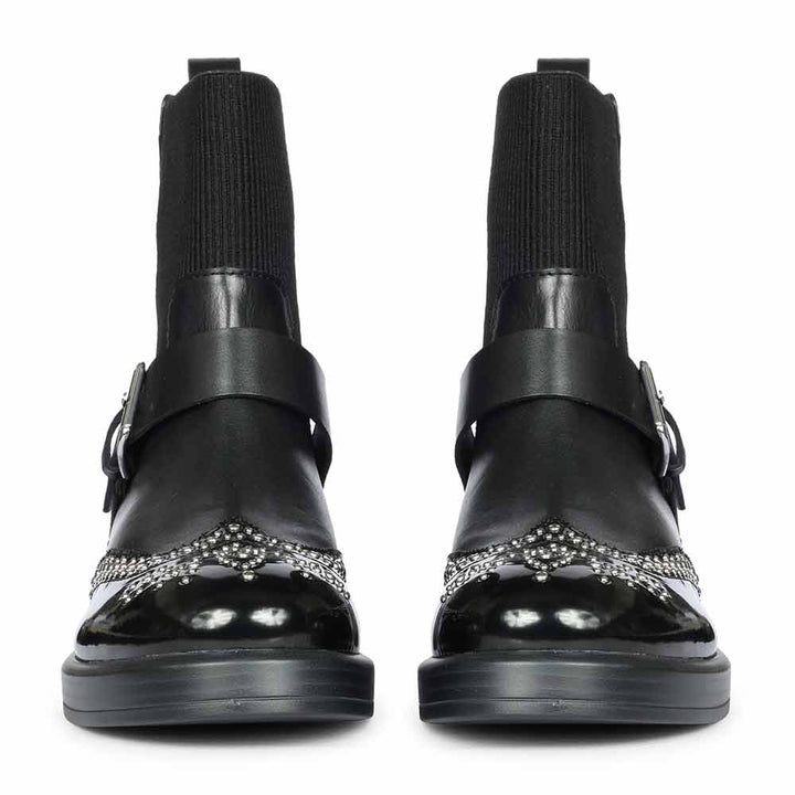 Saint Adeen Studded Buckle Decor Black Leather Ankle Boots
