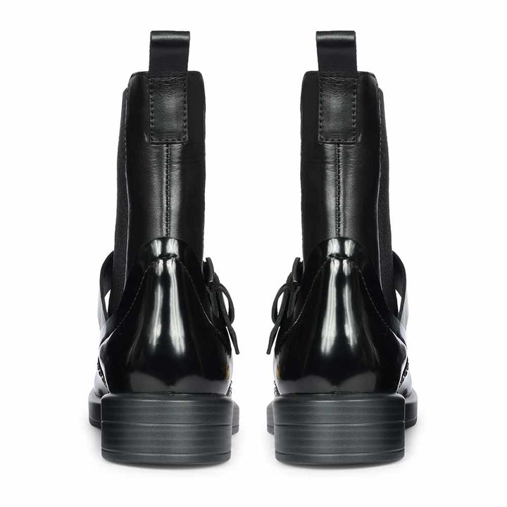 Saint Adeen Studded Buckle Decor Black Leather Ankle Boots