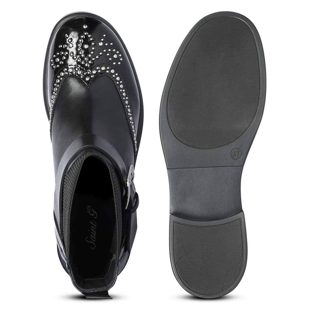 Saint Adeen Studded Buckle Decor Black Leather Ankle Boots