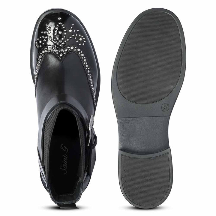 Saint Adeen Studded Buckle Decor Black Leather Ankle Boots
