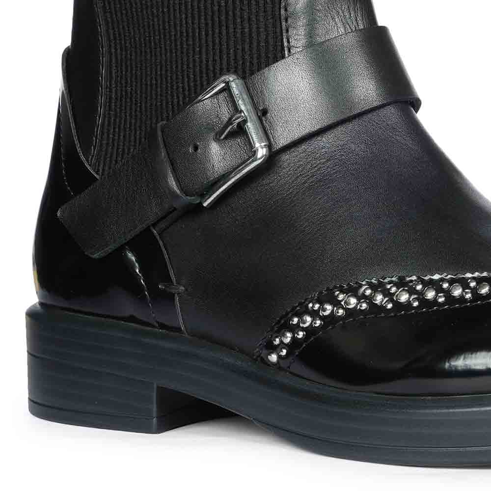 Saint Adeen Studded Buckle Decor Black Leather Ankle Boots
