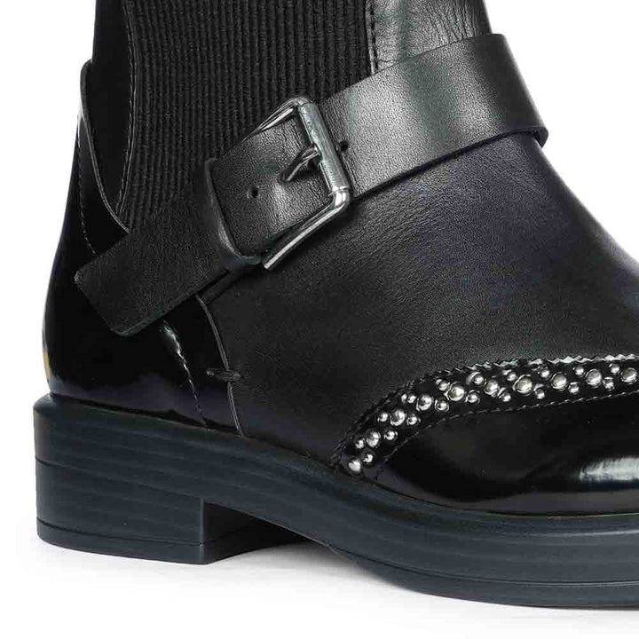 Saint Adeen Studded Buckle Decor Black Leather Ankle Boots