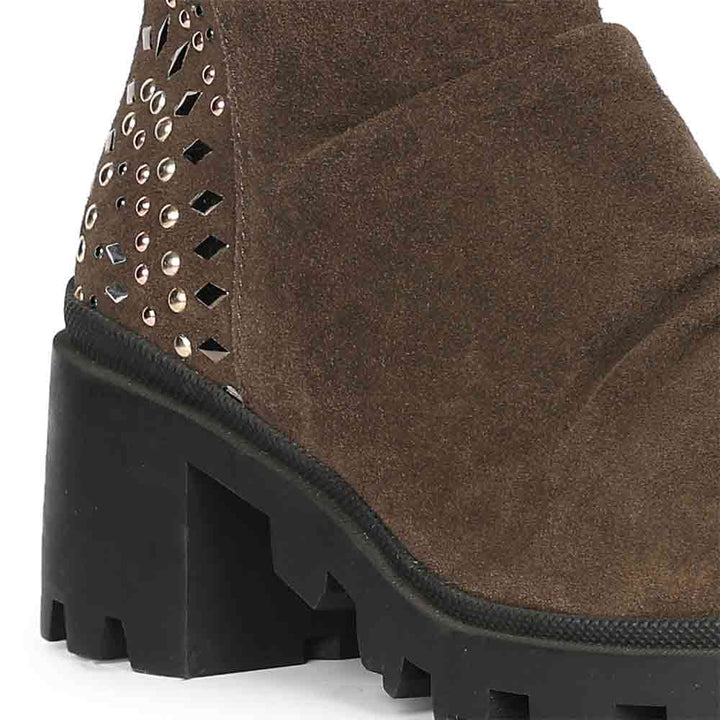 Saint Celestia Brown Leather Crystal High Ankle Boots