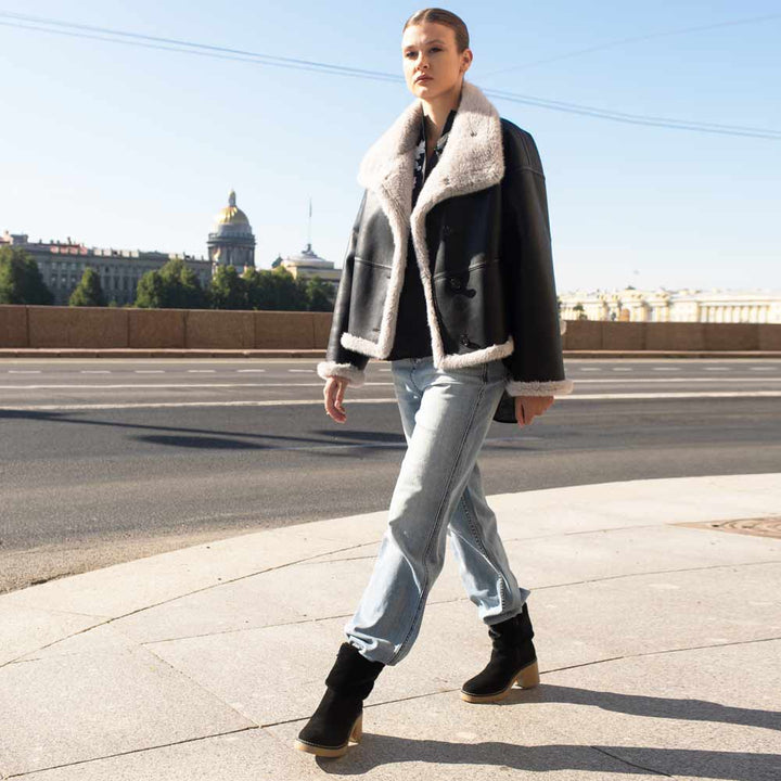 Saint Glacienne Black Suede Leather Fur Cuff Ankle Boots