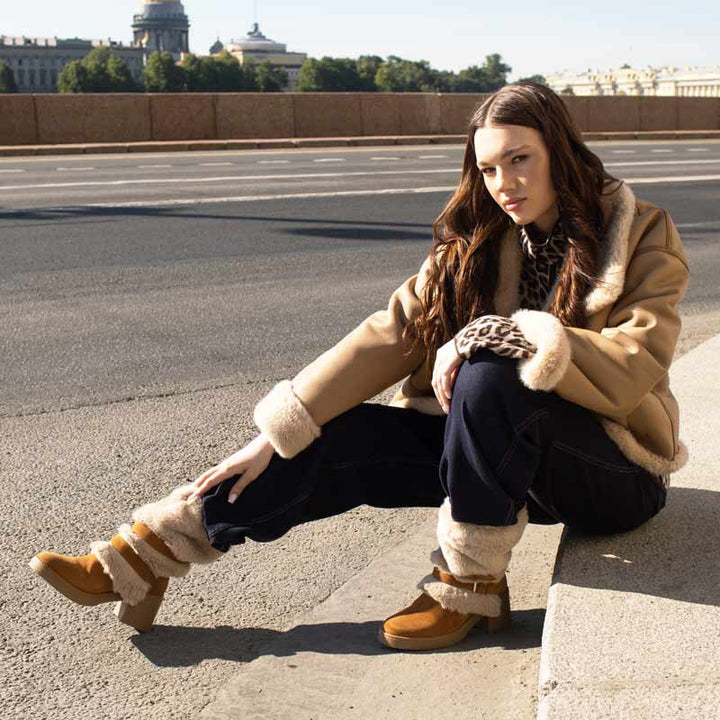 Saint Snövella Tan Suede Leather Fur Boots