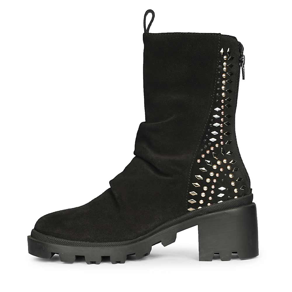 Saint Celestia Black Leather Crystal High Ankle Boots