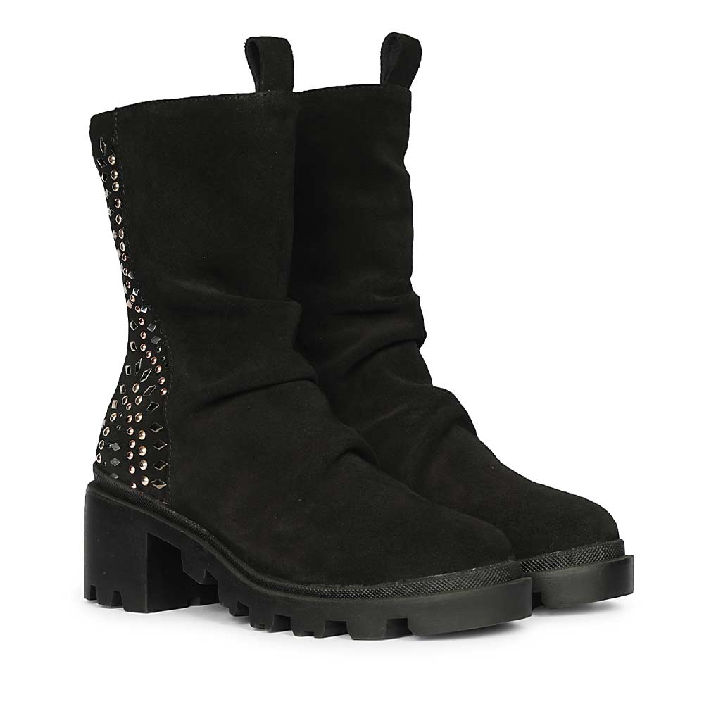 Saint Celestia Black Leather Crystal High Ankle Boots