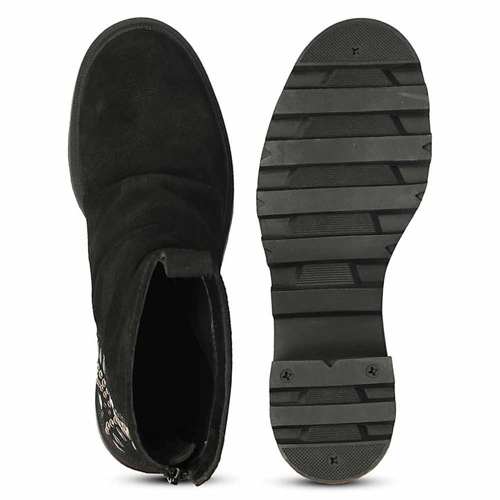 Saint Celestia Black Leather Crystal High Ankle Boots