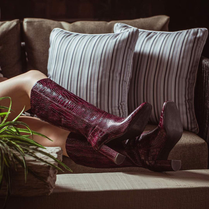 Saint Emily Burgundy Croco Vegan Leather Knee High Boots
