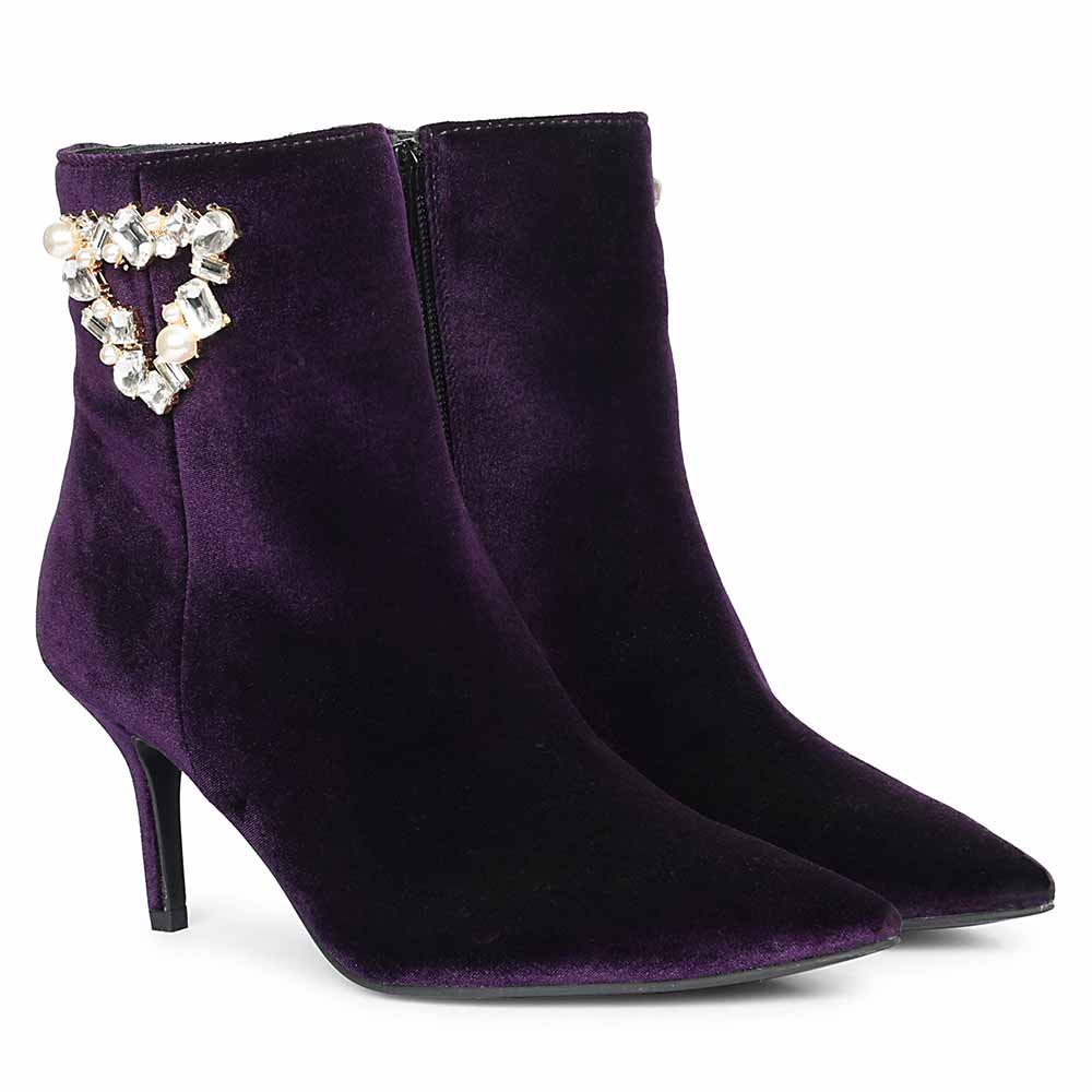 Saint Amoura Triangular Crystal Purple Velvet Ankle Boots