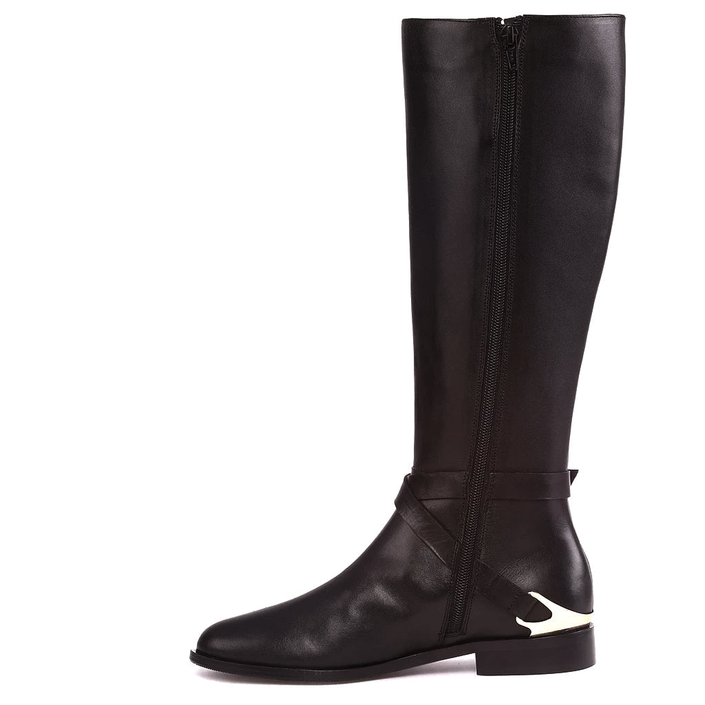 Saint Damaris Dark Brown Leather Buckle Decor Knee High Boots