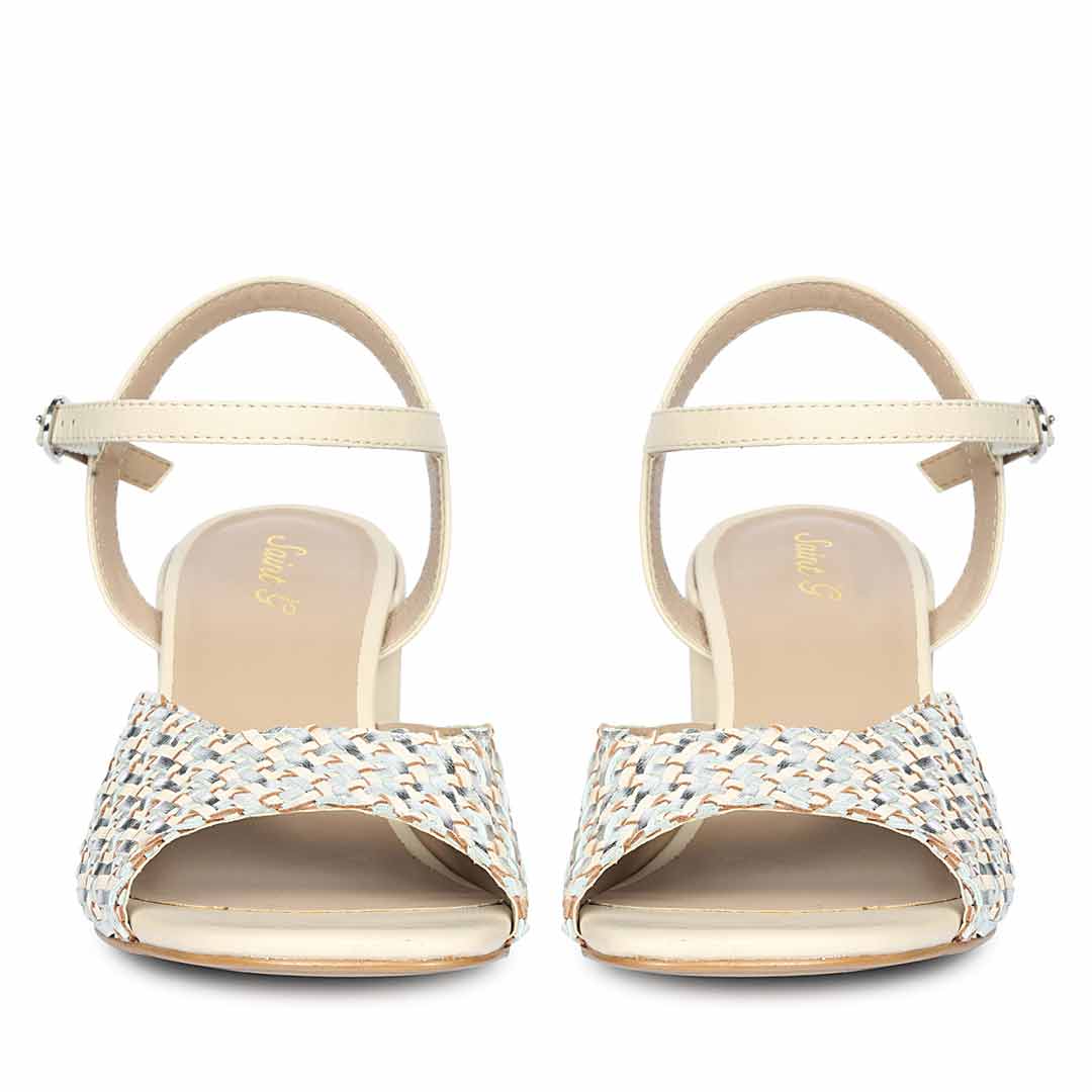 Off white leather party heels with silver detail