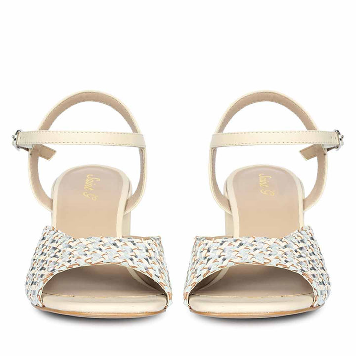 Off white leather party heels with silver detail