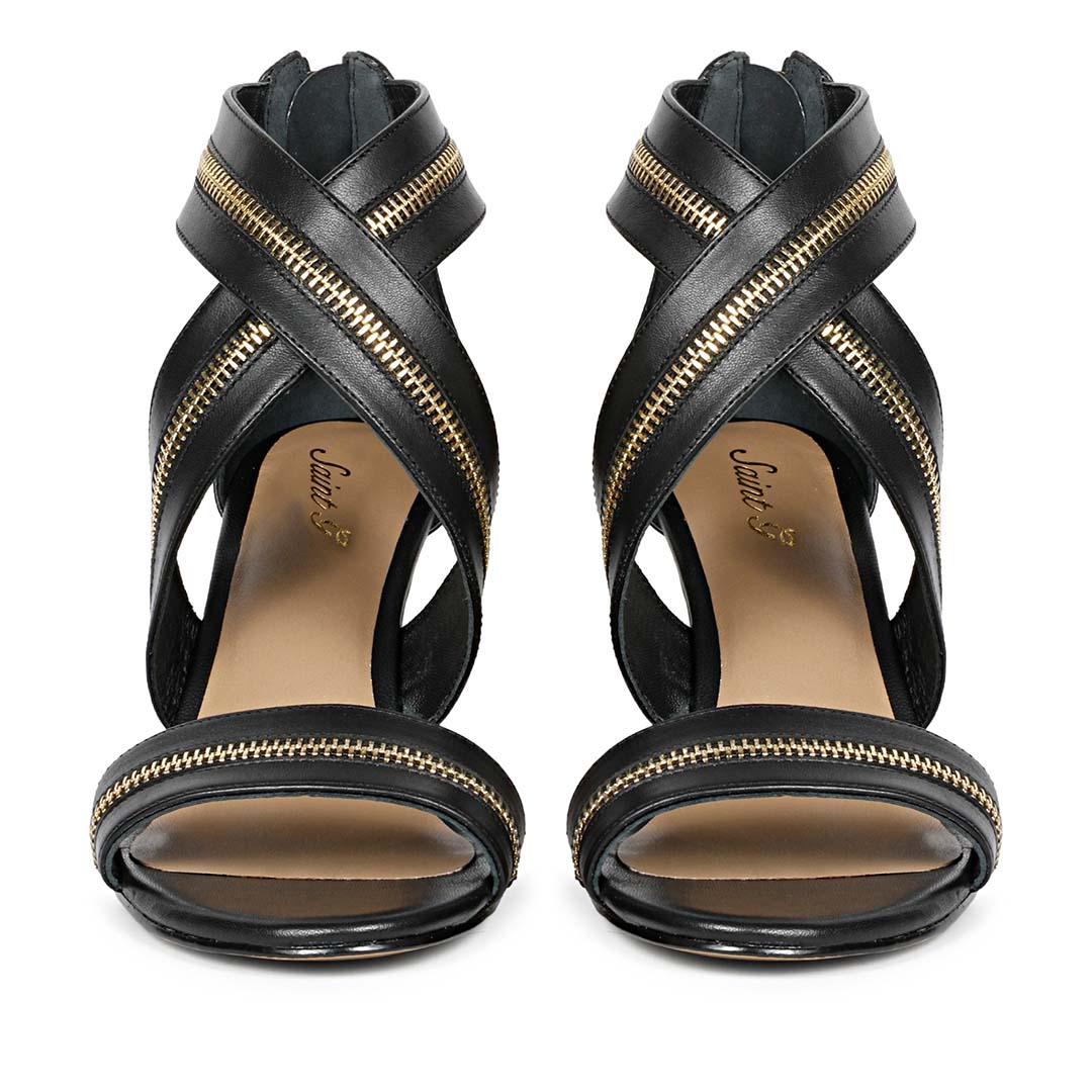 Saint Delilah Zip Decor Criss Cross Black Leather Stilettos