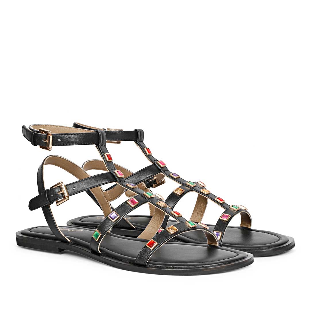 Saint Melina Multi Stone Studded Black Leather Sandals