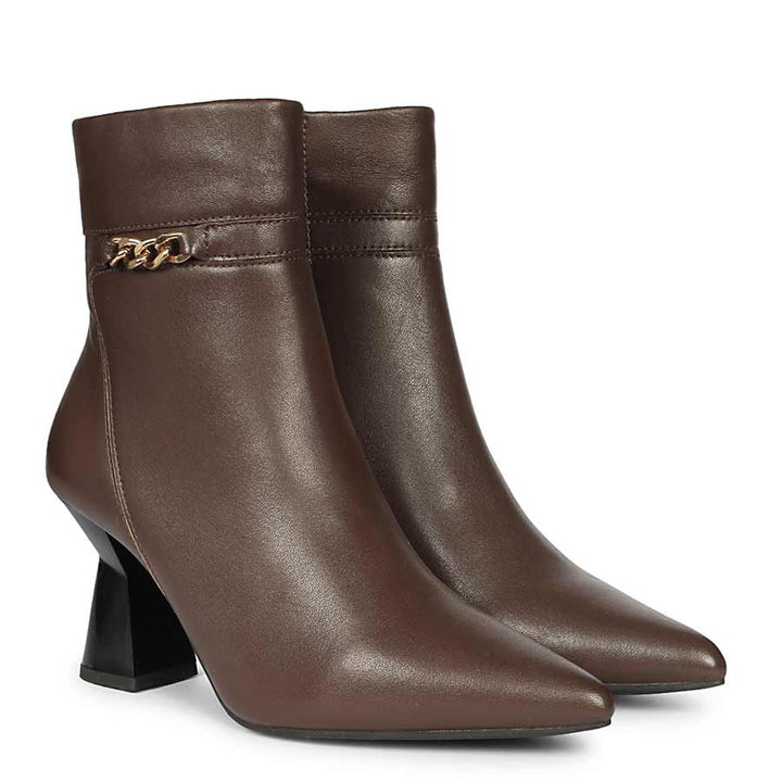 Saint Madelyn Brown Leather Chain Decor Pointed Toe Ankle Boots