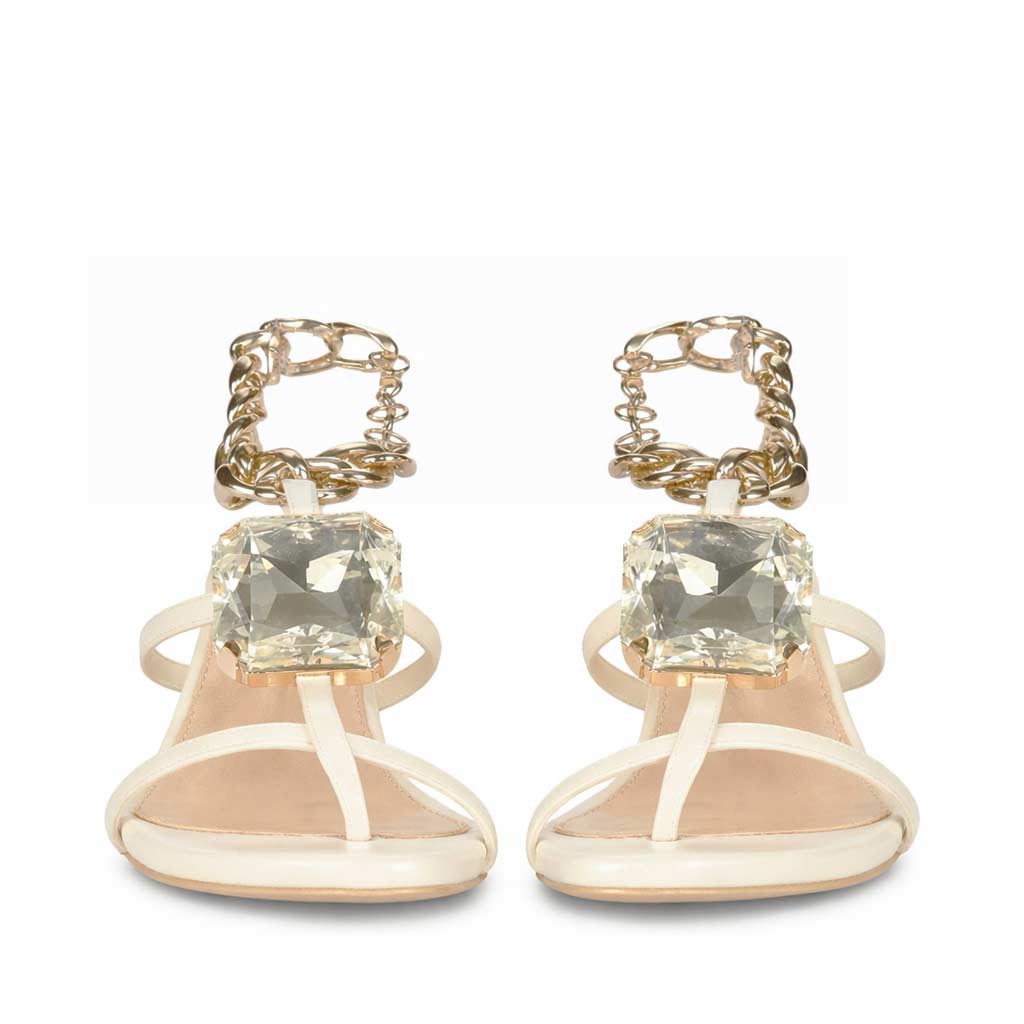 Saint Gaelle Crystal Off White Leather Chain Block Heels
