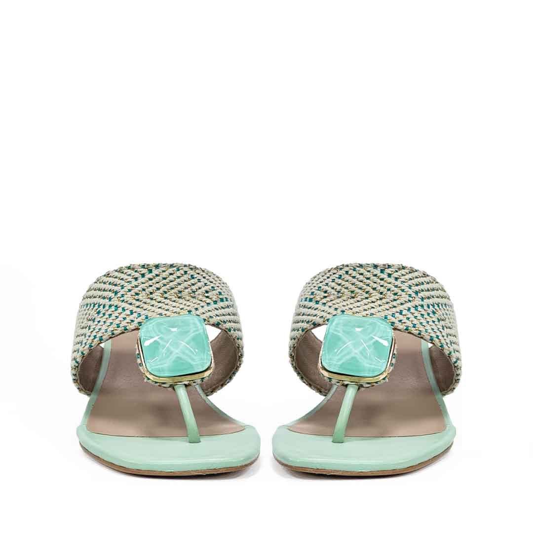 Saint Stevie Stone Jeweled Turquoise Raffia Block Heels
