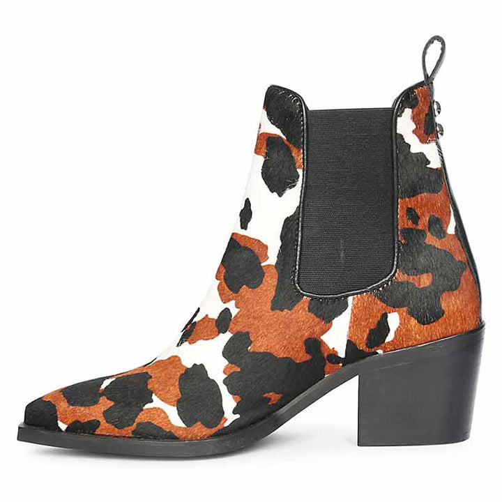 Side profile of multi-colour pony hair ankle boot with black stretch panel and block heel