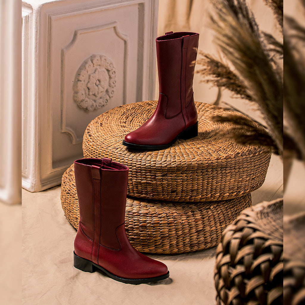 Saint Inès Florian Burgundy Leather Pull On Calf Boots