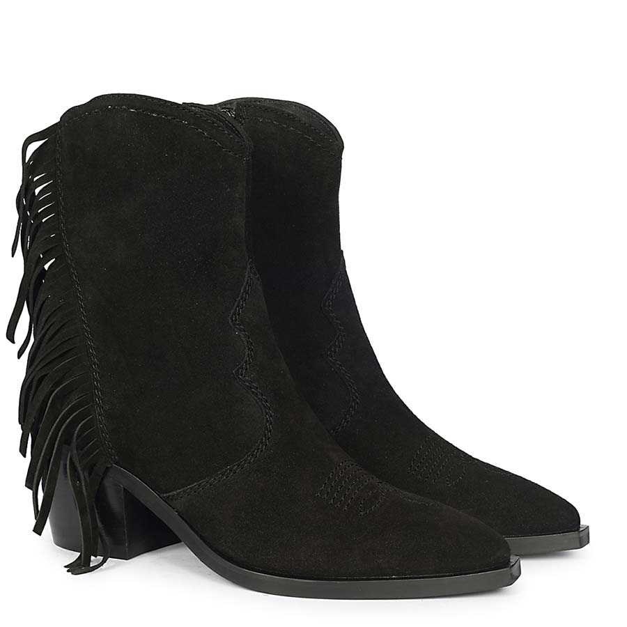 Saint Manon Black Suede Leather Fringe Ankle Boots