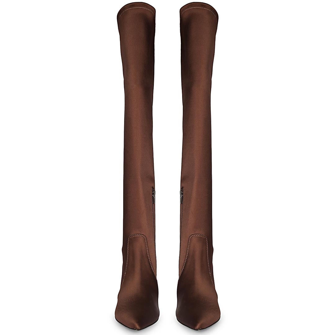 Saint Primrose Brown Stretch Satin Above The Knee Boots