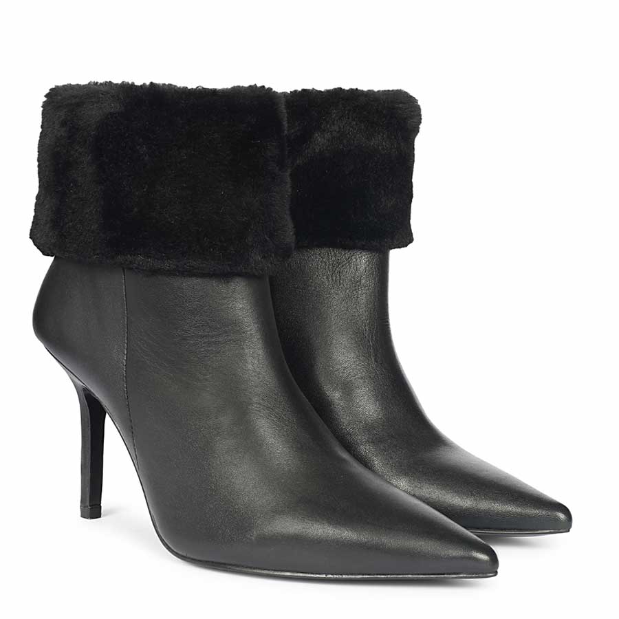 Saint Solveig Fur Cuff Black Leather Ankle Boots