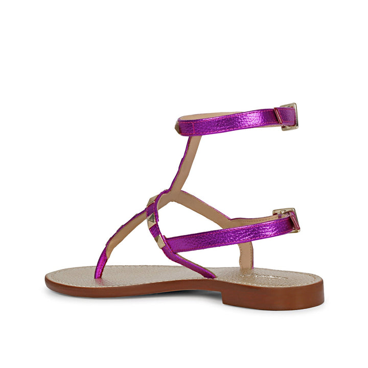 Saint Irene Hot Pink Leather Metal Studded Flat Sandals