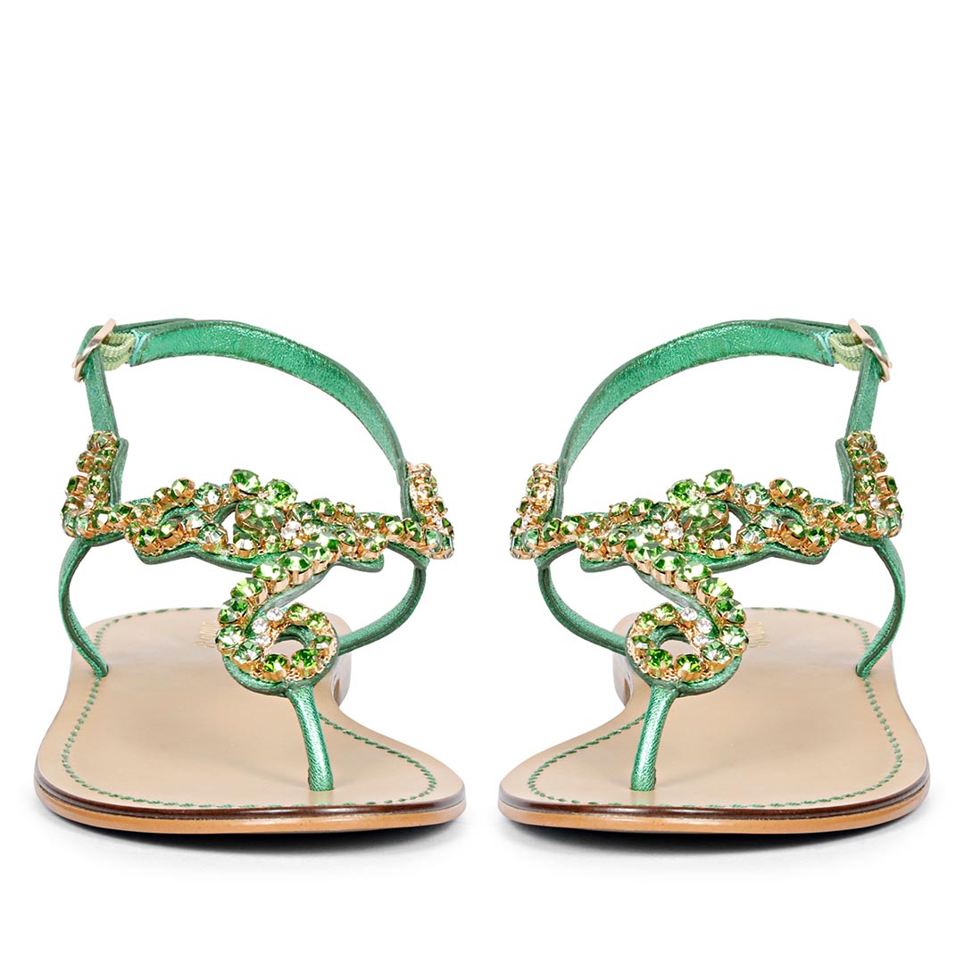 Saint Kaia Gold Stone  Metallic Green Leather Sandals