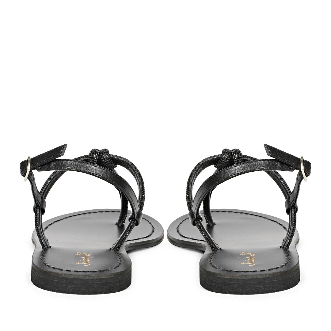 Saint Elsie Crystal Cord Black Leather Flat Sandals