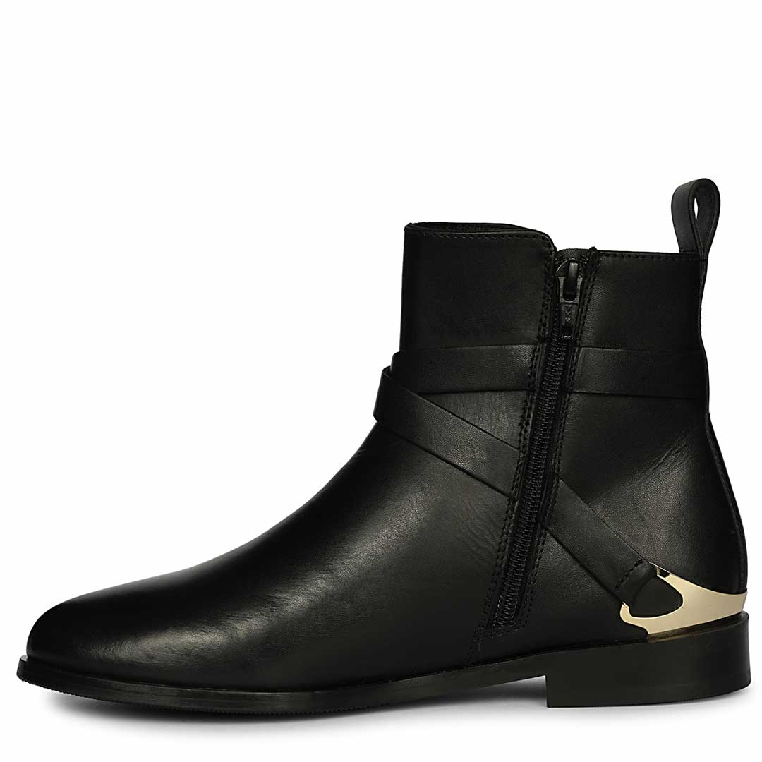 Saint Cathie Buckle Decor Black Leather Ankle Boots