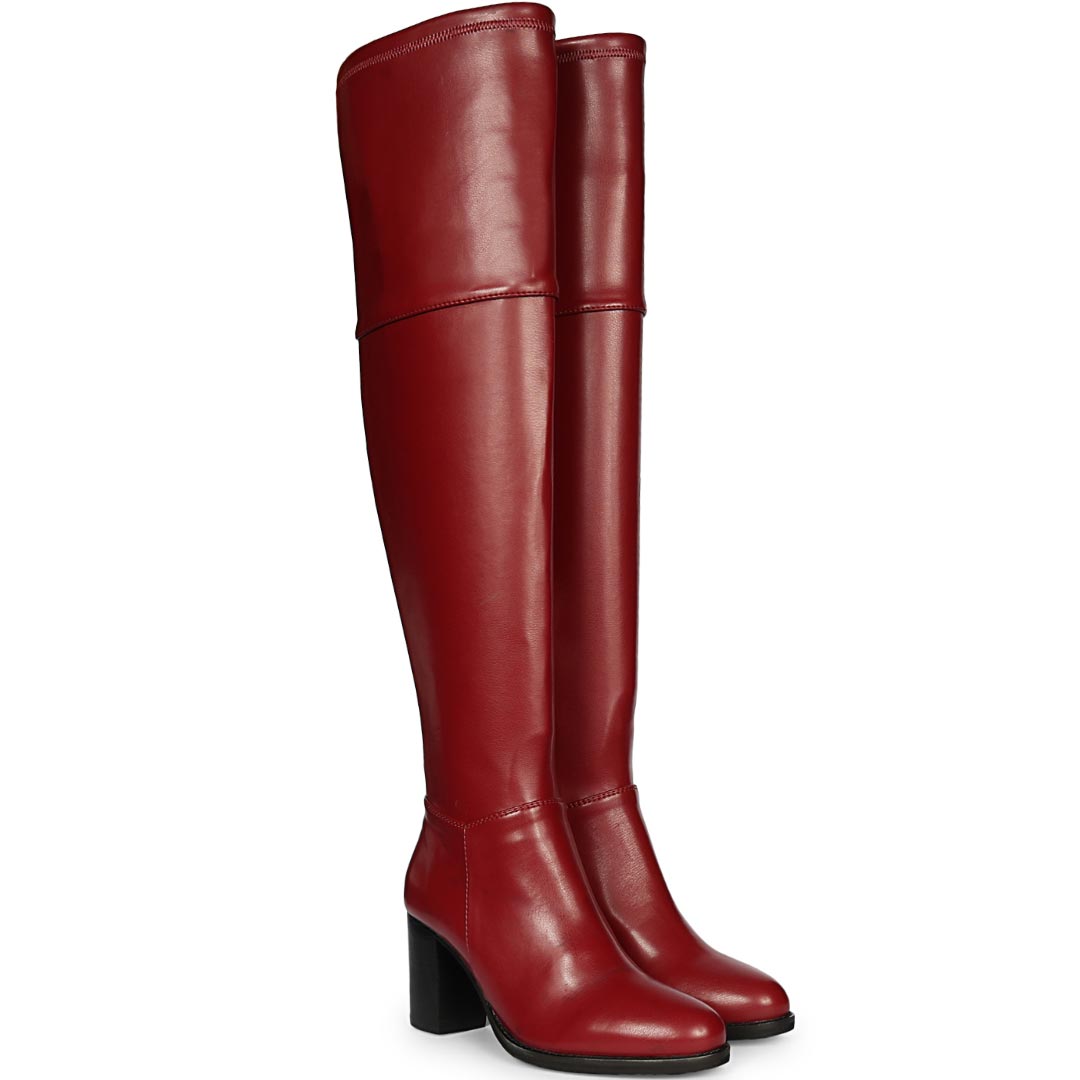  Saint Belinda maroon thigh-high boots with a purple satin print dress