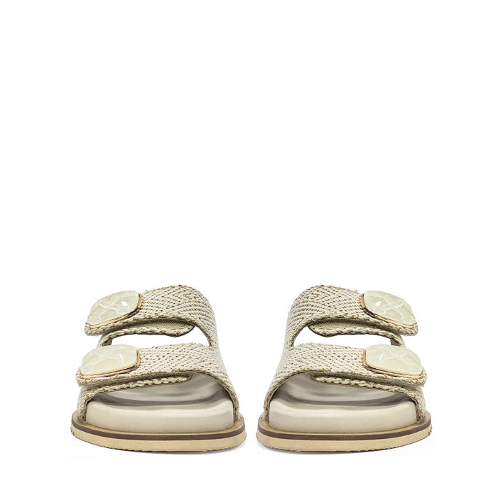 Saint Oren Off White Stone Jeweled Raffia Leather Sandals