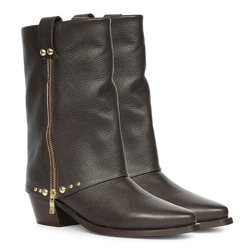 Saint Malone Fold Over Brown Leather Mid Calf Boots